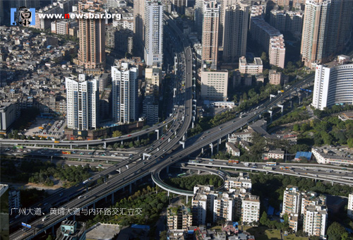 航拍广州:广州大道、黄埔大道和内环路交汇处立交。